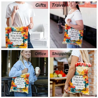 Positive Religious Christian Gifts Canvas Tote Bag for Women Christmas Birthday Cute Beach Reusable Grocery Bags - color: Philippians 4 13 Floral