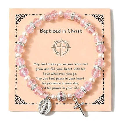 Women Stretch Rosary Bracelet Beaded Crucifix & Miraculous Medal - color: baptized christ2