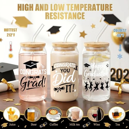 Glass Cups with Lids and Straws, 4Pack, 16oz, Graduation Grad - color: Happy Graduation