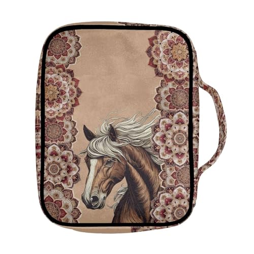 Suobstales Boho Mandala Horse Print Bible Cover Carrying Book Case for Women Men Lightweight Bible Bag Bible Protective with Handle and Zippered Pocket - color: Boho Mandala Horse