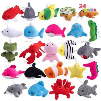 JOYIN 24 Pcs Mini Sea Animal Plush Toys (24 Units 2"-3"), Stuffed Sea Animal Bulk for Kids Birthday Party Favors, Pinata Fillers, Goodie Bag Fillers, School Prizes,Carnival Party Supplies - style: Sea Animals