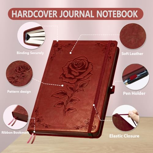 A5 Classic Rose Flower Leather Journal, 300 Pages Lined Notebook - style: Rose