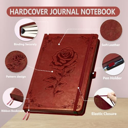 A5 Classic Rose Flower Leather Journal, 300 Pages Lined Notebook - style: Rose
