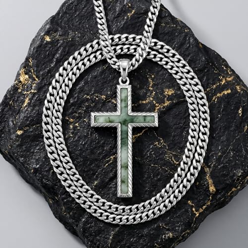 MRENITE Silver Natural Stone Cross Necklace, Classic Latin Cross Pendant Necklace for Unisex Women Man, Vintage Crystal Quartz Cross Necklace with 20+2 Inches Adjustable Cuban Chain - style: Moss Agate
