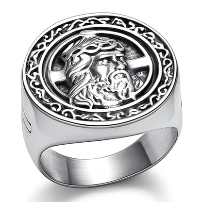 Christian Cross Rings for Men - Stainless Steel Jesus Jewelry with Celtic Knot Sides (Gold/Black/Silver) - Catholic Religious Gift, Size 7-13 - color: H: Silver-Jesus