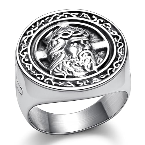 Christian Cross Rings for Men - Stainless Steel Jesus Jewelry with Celtic Knot Sides (Gold/Black/Silver) - Catholic Religious Gift, Size 7-13 - color: H: Silver-Jesus