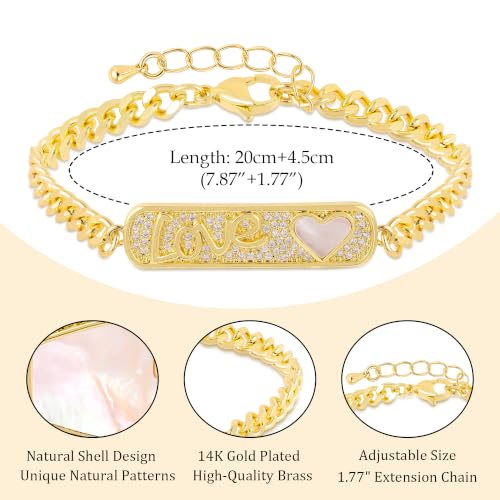 LETFLY Natural Shell Bracelets for Women, 14K Gold Plated Butterfly/Lips/Cross/Heart Charm Adjustable Cubic Zirconia Cuban Link Chain, Dainty Trendy Handmade Jewelry Gifts - style: Style F