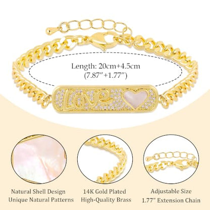 LETFLY Natural Shell Bracelets for Women, 14K Gold Plated Butterfly/Lips/Cross/Heart Charm Adjustable Cubic Zirconia Cuban Link Chain, Dainty Trendy Handmade Jewelry Gifts - style: Style F
