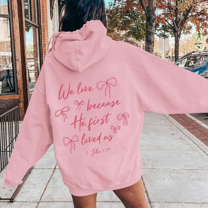 Christian Bow Hoodies for Women Cute Bow Print Sweatshirt Bible Verse Graphic Hoodie Religious Pullover Sweatshirts - color: Pink, size: XX-Large