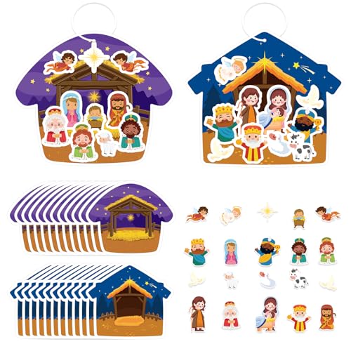 PAIVSUN 24Pcs Nativity Craft Sticker, Make a Nativity Scene Stickers DIY Hanukkah Christmas Crafts Kits for Xmas Tree Ornament Classroom Religious Christian Party Game Supplies, 2 Designs - style: Nativity 2 Styles