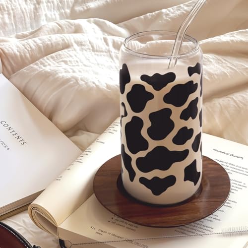 SANDJEST Cow Glass Can, Cow Prints Cup with Lid & Straw, Iced Coffee Aesthetic Cups, Idea Gift for Christmas Birthday Mother Day, Gifts for Women, 16oz - color: Cow Skin