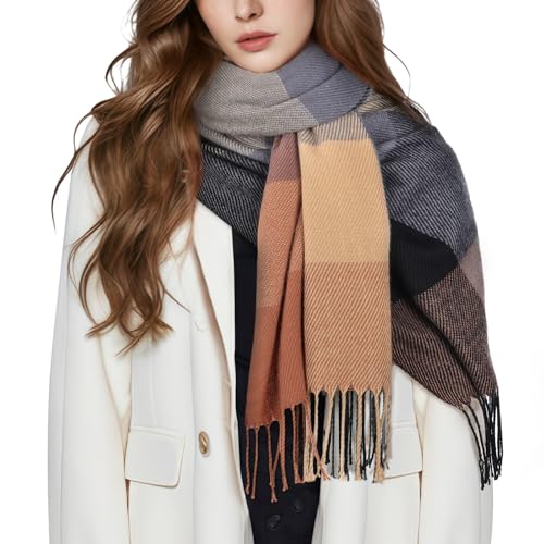 Clothirily Womens Winter Scarf, Oversized Long Blanket Plaid Shawl Wrap - color: Brown Grey Lattice