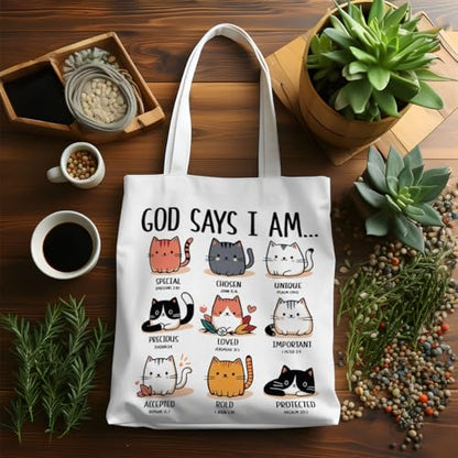 VICBOU Bible Verse Canvas Tote Bag, Inspirational Religious Christian Gifts for Women Men Canvas Tote Reusable Grocery Bags - color: Godsays07
