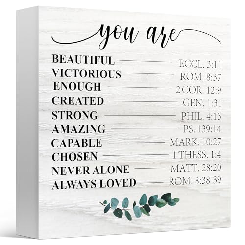 Christian Decor Box Sign for Home Office, Scripture You Are Beautiful Victorious Enough Created Strong, Religious Wooden Sign 5x5 Inches - color: Red