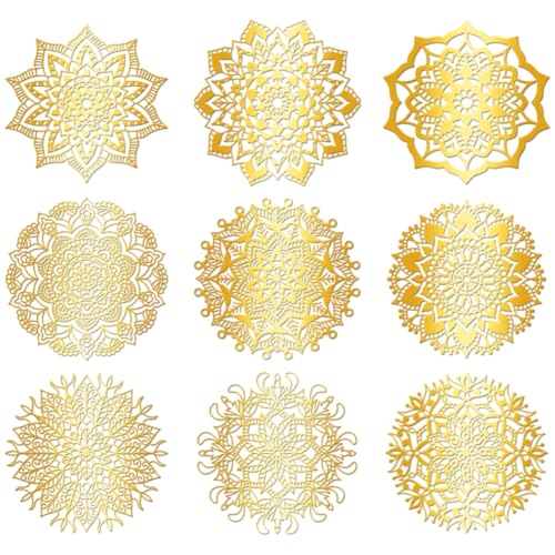 9Pcs Golden Self Adhesive Stickers 4cmx4cm Flower Metal Decal Mandala Waterproof Decorate Sticker for Scrapbooks DIY Resin Crafts Phone Water Bottle Decoration - style: mandala