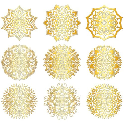 9Pcs Golden Self Adhesive Stickers 4cmx4cm Flower Metal Decal Mandala Waterproof Decorate Sticker for Scrapbooks DIY Resin Crafts Phone Water Bottle Decoration - style: mandala