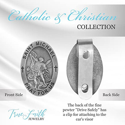 True Faith Jewelry Pewter Oval St Michael Car Visor Clip, Archangel Patron Saint of Police, Law Enforcement Officer Gifts for Men and Women, Fine Pewter (92% Tin), 2 x 1-5/8 Inch - size: St. Michael (Oval)