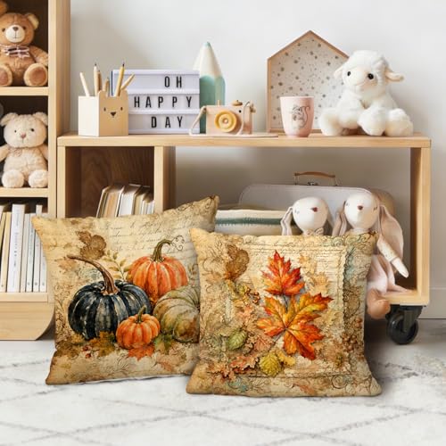 Farmhouse Fall Maple Leaf Pumpkin Throw Pillow Covers 18x18 Set of 2 - color: Pumpkin-7