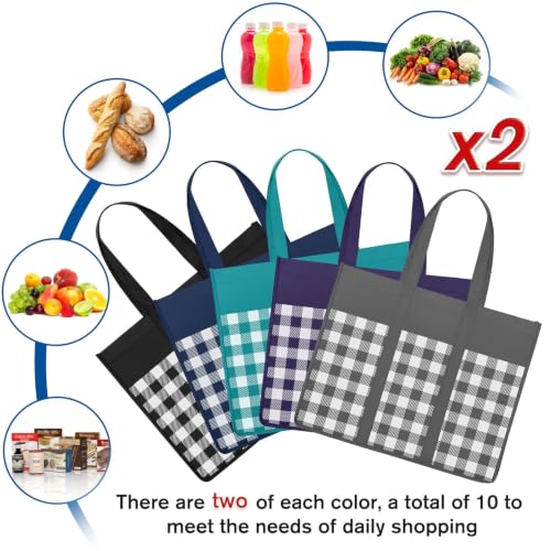 Reusable Grocery Shopping Bags 10 Pack Large Foldable Tote Bags Bulk - color: Plaid: Black,grey,blue,cyan,purple