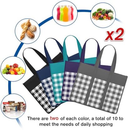 Reusable Grocery Shopping Bags 10 Pack Large Foldable Tote Bags Bulk - color: Plaid: Black,grey,blue,cyan,purple