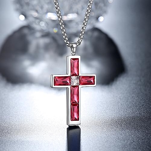 Cross Necklace for Men 316L Stainless Steel Birthstone Pendant - color: Ruby Red-S
