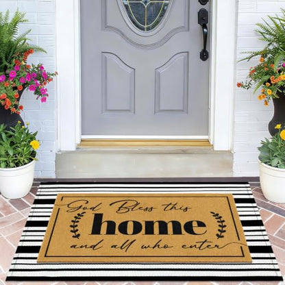 2 Pcs Christian Door Mat Welcome Mats for Front Door Striped Layering Rugs - color: 2 Pcs Coir Home