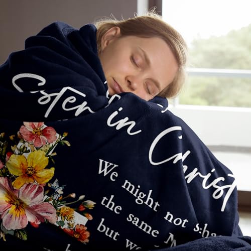 Christian Gifts for Women, Sister in Christ Floral Cross Blanket - color: Navy Blue