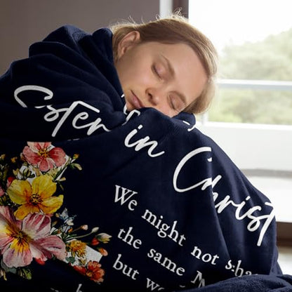 Christian Gifts for Women, Sister in Christ Floral Cross Blanket - color: Navy Blue