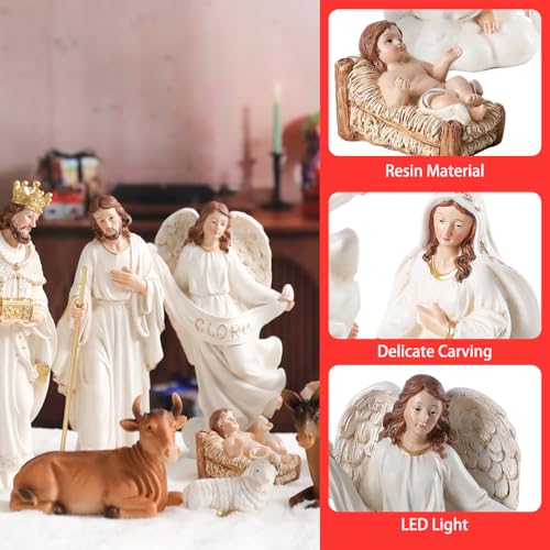 Christmas Nativity Set Figurine,Hand Resin Craft Statue Nativity Scene Indoor,Baby Jesus Holy Family Firguines Statue, Nativity Sets for Christmas Indoor, 11 Pcs - color: White