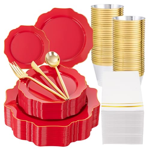 WDF 175Pcs Red Plates - Red Plastic Plates with Gold Rim - Fancy Disposable Dinnerware Sets Ideal for Party/Wedding - color: Red and Gold, size: 175 pieces
