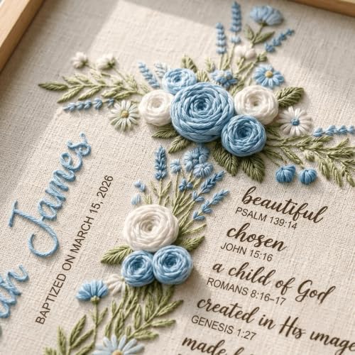 NAZENTI Custom Hand Embroidery Wooden Frame Sign Baptism Gift for Boy, Personalized Embroidered Floral Sign with Name - color: DS06