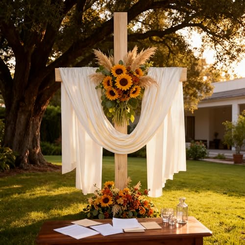59Inch Large Wooden Cross for Wedding White Ribbon Eucalyptus Garland White - color: White, size: 59Inch