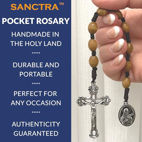 Pocket Rosary, Prayer Beads with Saints Medal and Cross/Crucifix - style: St Therese, 9 Beads, Light Brown Wood, Chaplet Chain