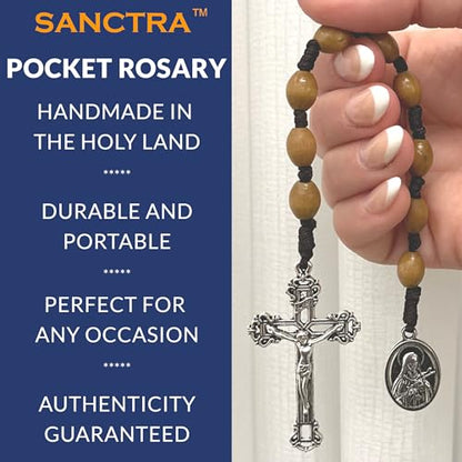 Pocket Rosary, Prayer Beads with Saints Medal and Cross/Crucifix - style: St Therese, 9 Beads, Light Brown Wood, Chaplet Chain