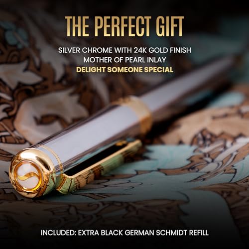 Scriveiner Silver Chrome Rollerball Pen - Stunning Luxury Pen, Real Gold Plating, Schmidt Ink Refill, Best Roller Ball Pen Gift Set for Men & Women, Professional, Executive Office, Fancy Pens - color: 10. Silver Chrome with Gold