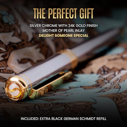 Scriveiner Silver Chrome Rollerball Pen - Stunning Luxury Pen, Real Gold Plating, Schmidt Ink Refill, Best Roller Ball Pen Gift Set for Men & Women, Professional, Executive Office, Fancy Pens - color: 10. Silver Chrome with Gold