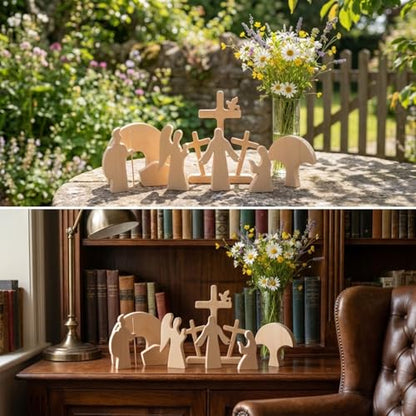 8-Piece Tabletop Religious Decor - Christian Home Decor Figurines, Minimalist Jesus Cross Centerpiece - Natural Wood