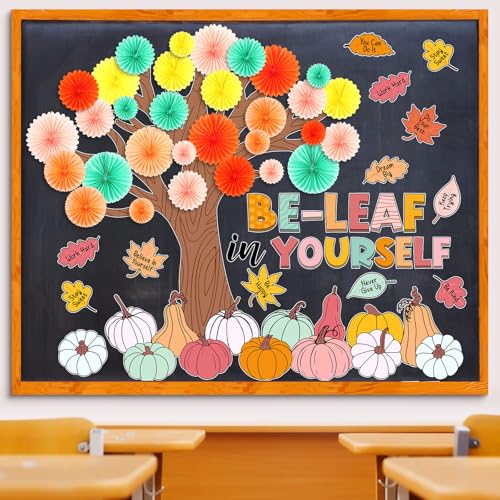 Gersoniel 81 Pcs Fall Tree Bulletin Board Decorations Be Leaf in Yourself Classroom Tree Bulletin Board Motivational Boho Pumpkin Cutouts 3D Paper Fans Crafts Thanksgiving Fall Harvest Wall Decor - style: Pastel