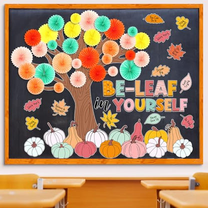 Gersoniel 81 Pcs Fall Tree Bulletin Board Decorations Be Leaf in Yourself Classroom Tree Bulletin Board Motivational Boho Pumpkin Cutouts 3D Paper Fans Crafts Thanksgiving Fall Harvest Wall Decor - style: Pastel
