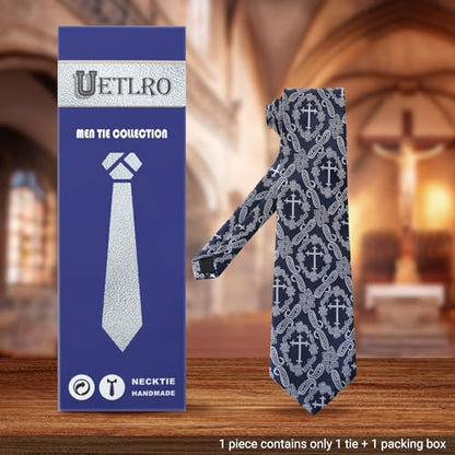 Men's 3.27 Inch (8.3CM) Christian Jesus Easter Novelty Tie Gift Box - color: Navy Blue-cross+paisley