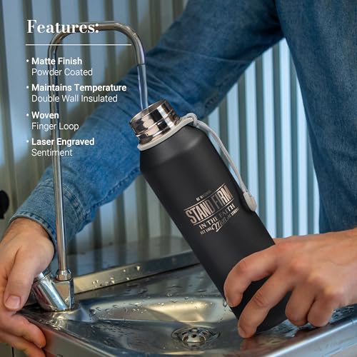Christian Art Gifts Stainless Steel Double Wall Vacuum Sealed Insulated Water Bottle for Men: Stand Firm Laser Engraved Inspirational Bible Verse, Spill/Leak-proof, Twist Cap, Carry Loop, Black, 24 oz - color: Black/Stand Firm