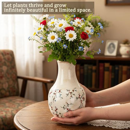 LemonRoad Vintage Ceramic Flower Vase 5.7 Inch Chinoiserie Ice Cracked Glaze Porcelain Vase Rustic Ceramic Large Centerpieces for Home Table Living Room Bookshelf Office(Rose Style) - style: Rose Style