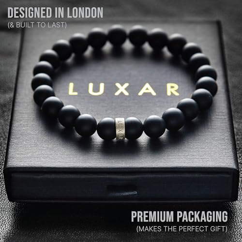 LUXAR Men’s Bracelet - Genuine Black Leather Bracelet with Stainless Steel Clasp or 8mm Matte Black Onyx Stone Bead Bracelet - Minimalist Designer Jewelry for Men - color: 925 Silver, size: Small