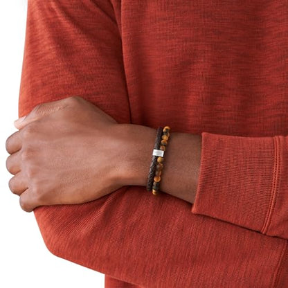 Fossil Men's Beaded Bracelet - color: Tigers Eye/Brown/Leather