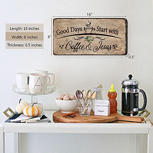 Rustic Wood Plaque Sign,Good Days Start with Coffee and Jesus Wall Decor, Farmhouse Coffee Bar Accessories & Kitchen Wall Art, Christian Gifts for Women Coffee Lovers,Ready to Hang16*8 In