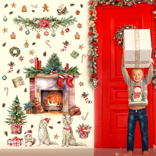 Merry Christmas Wall Stickers Xmas Pine Tree Fireplace Art Decal Decoration - color: Red