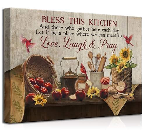 Vintage Christian Kitchen Canvas Wall Art Blessing This Kitchen Rustic Country Farmhouse Painting Picture Wall Decor Poster Prints Artwork for Dining room Restaurant Home Decoration - color: Kitchen Canvas, size: 16"L x 12"W