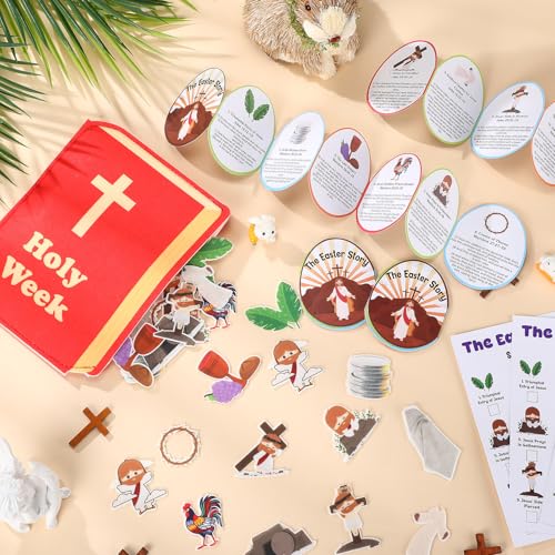 Easter Scavenger Hunt Game with 60 Felts Figures 15 Easter Story Cards 15 Scavenger Hunt Cards Religious Christian Bible Game for Sunday School Classroom Activities Basket Stuffers