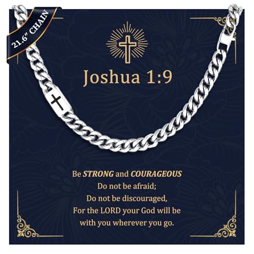 Stainless Steel Cuban Chain Cross Necklace for Mens Curb Link Waterproof - style: Joshua 1:9