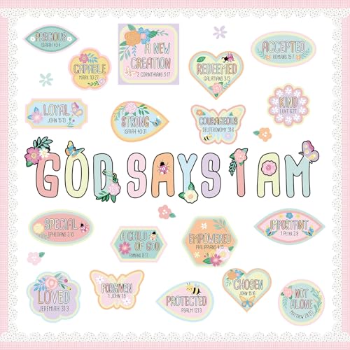 Bucherry Christian Bulletin Board Decorations Wildflowers Classroom Decor for Welcome Back God Says I Am Cutout Pastel Floral Inspirational Religious Board Sunday School Classroom Church Supplies - style: Pastel Floral